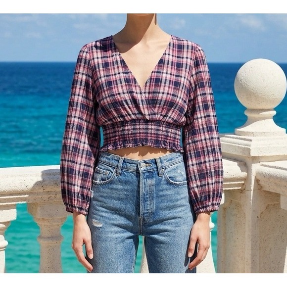 Zara Tops - Zara Plaid Crop Top Women Medium Pink Smocked Balloon Sleeve Preppy Cottage Boho